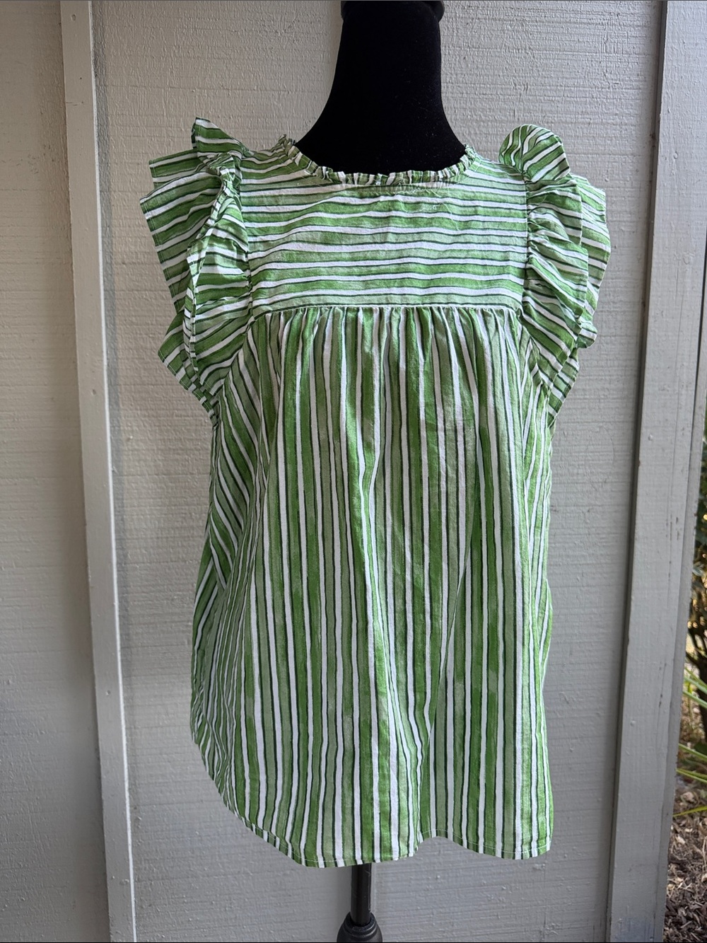 LOFT Green & White Striped Ruffle Sleeve Blouse